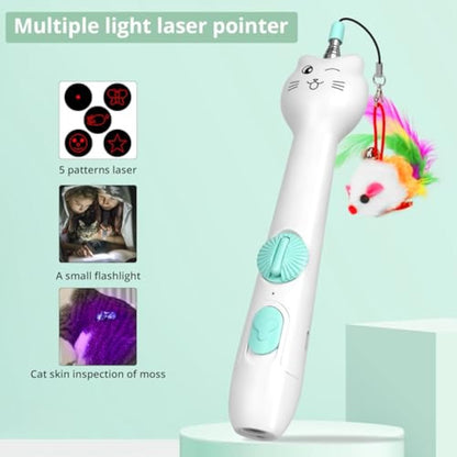 Cat Toy Interactive Rechargeable Laser Pointer Cat Wand With Feather Toy 2-in-1 Cat Toy For Indoor Cat Kitten Pet Laser Toy For Playing